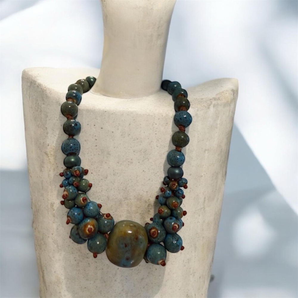 HANDCRAFTED Blue-Green Ceramic Hand Knotted Bead Statement Necklace Silver Clasp